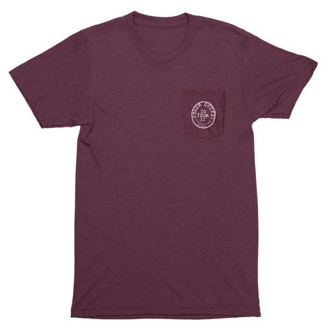 Maroon pocket t-shirt with Conor Oberst 2012 Tour written on the pocket in a circle