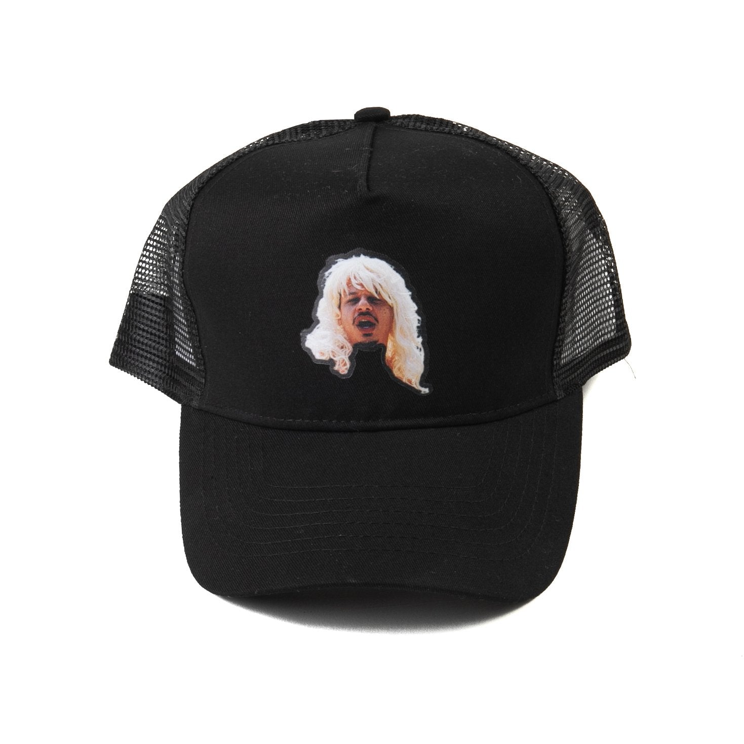 black trucker hat with eric andre image on the front