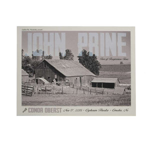 Screen printed poster of a farm with John Prine printed on the top. Conor Oberst concert information at the bottom