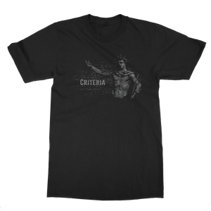 Criteria Years T-Shirt is a black tee with a Greek or Roman sculpture etched onto the chest in white ink