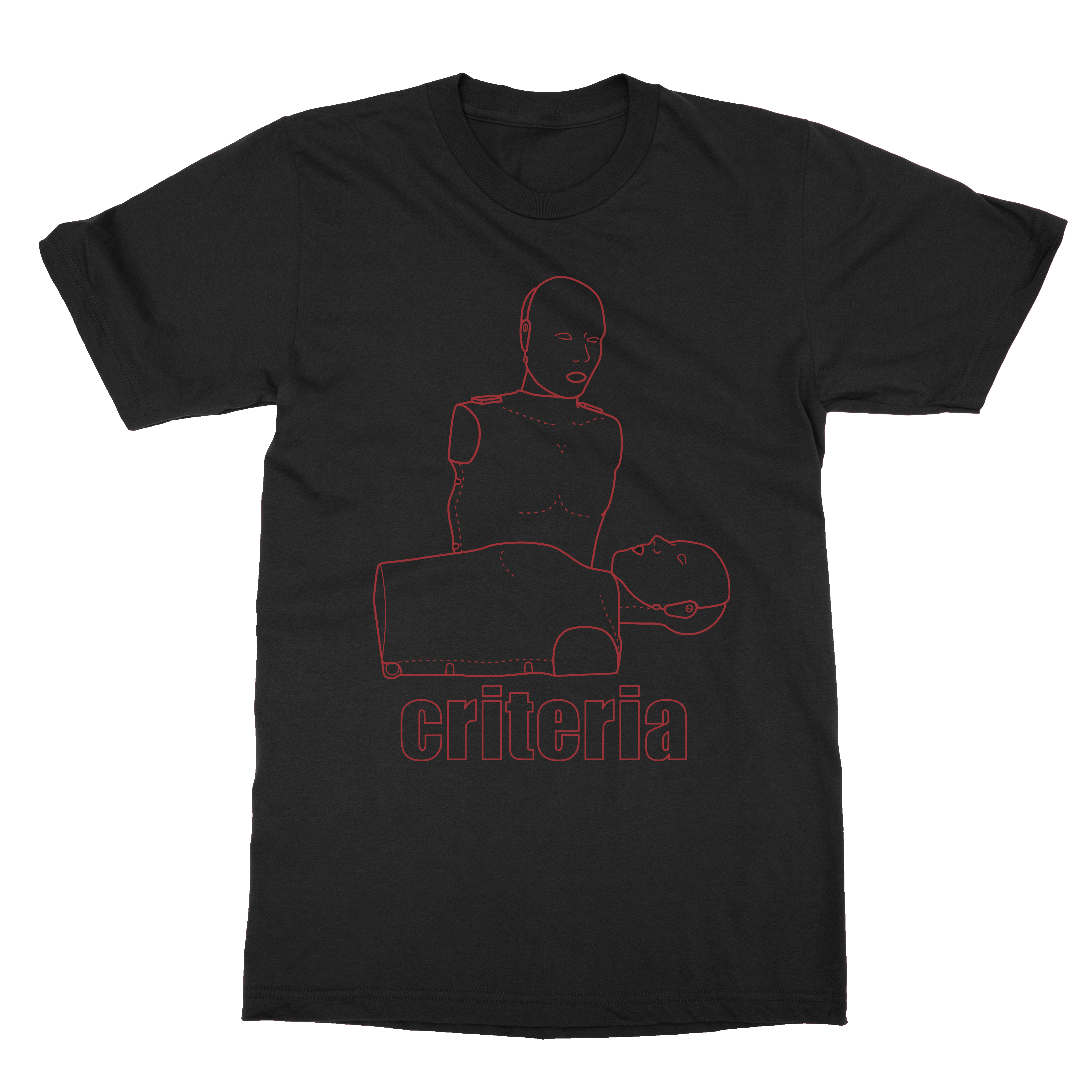 Criteria CPR T-Shirt is a black tee with two dummies giving eachother CPR. They are outlined in red