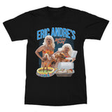 Black Canvas t-shirt featuring a 7 color print of Eric Andre in a bikini holding a pig. 