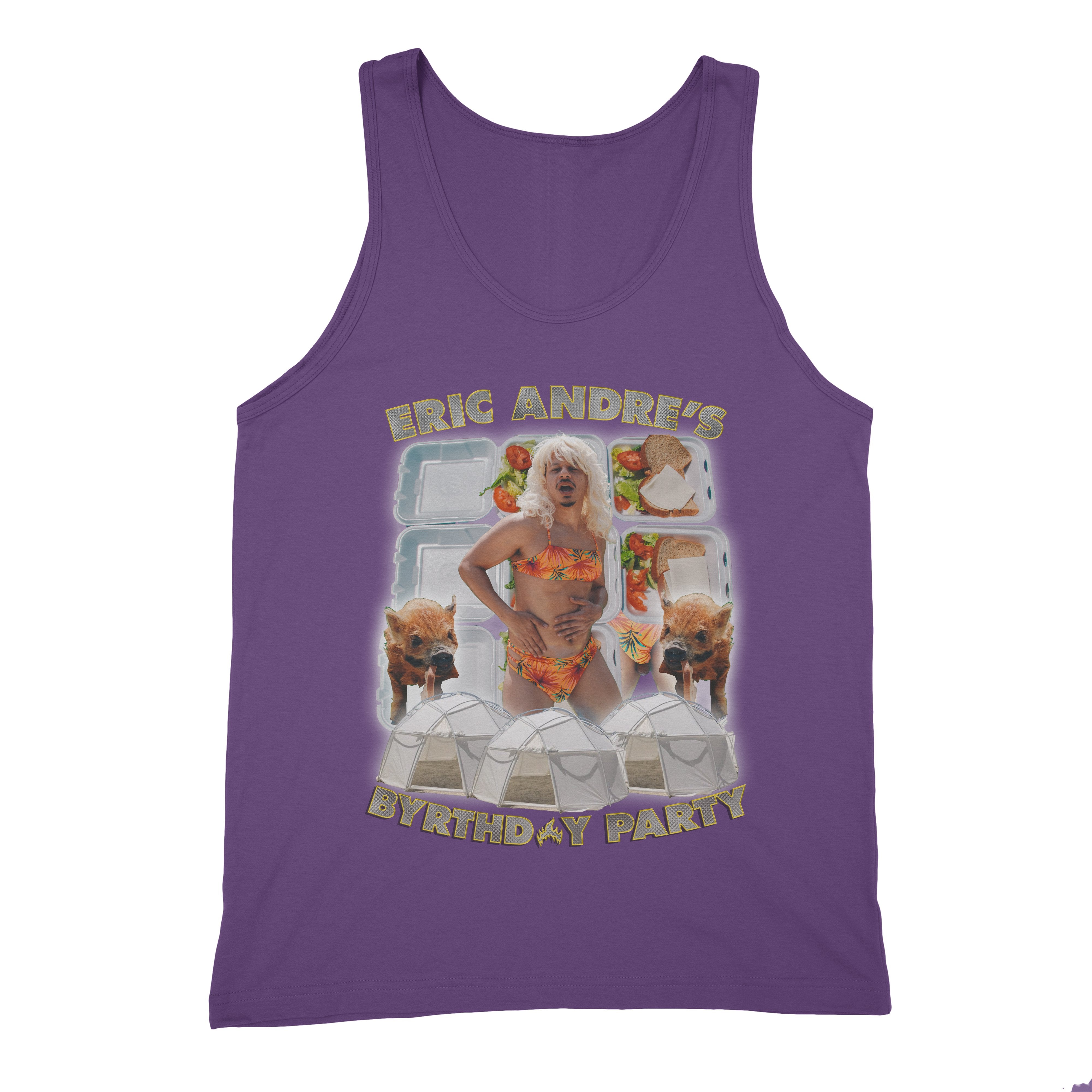 purple unisex tank with Eric Andre birthday party design.