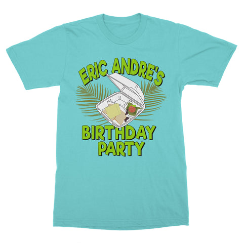 teal canvas t-shirt with illustrated Eric Andre Birthday Party design