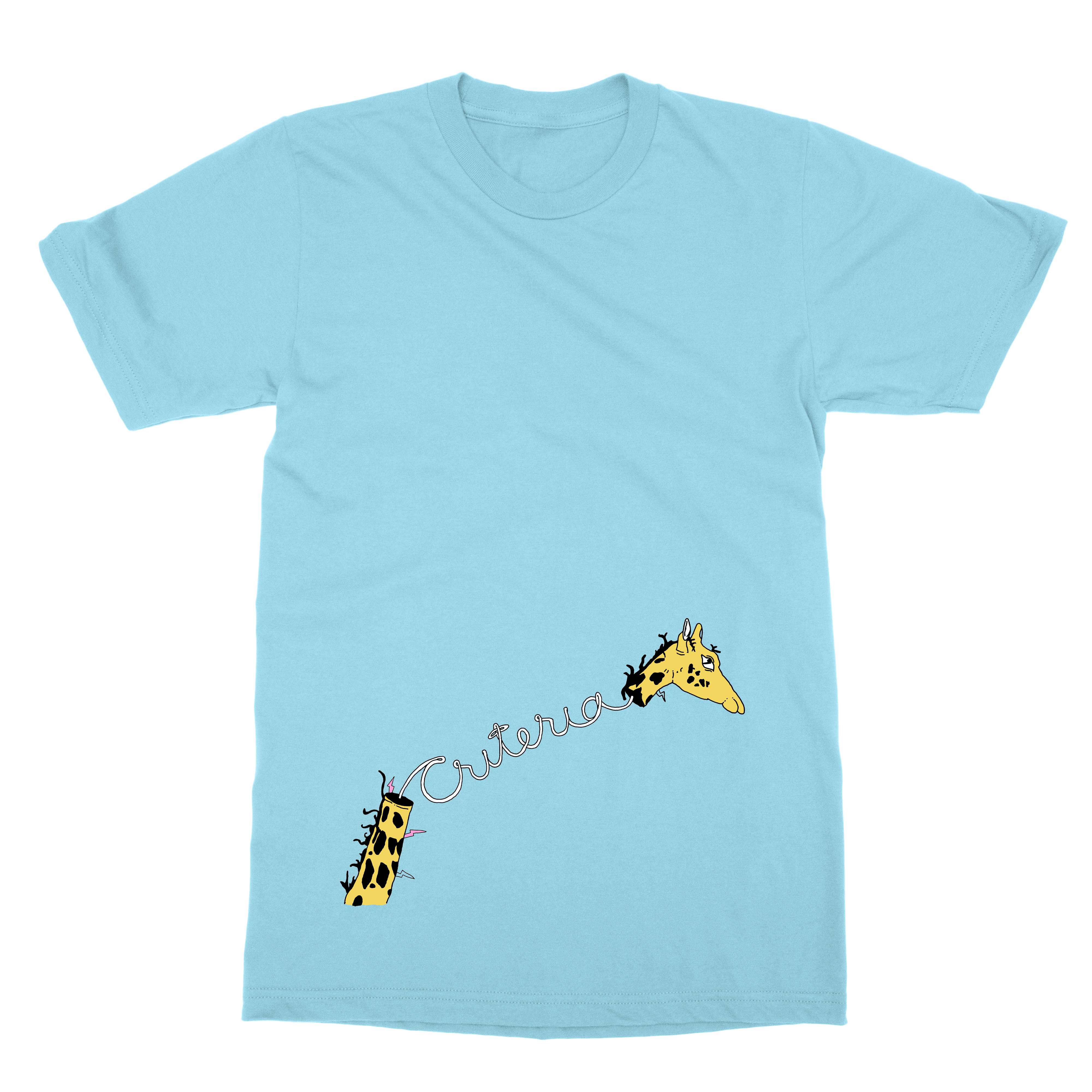 Criteria Giraffe T-Shirt is a baby blue tee with a giraffe neck being split in half and spelling criteria in the middle