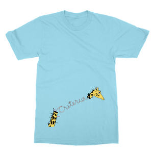 Criteria Giraffe T-Shirt is a baby blue tee with a giraffe neck being split in half and spelling criteria in the middle
