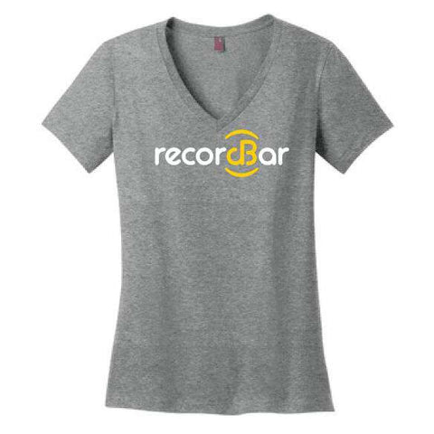 Recordbar logo on grey women's v-neck t-shirt