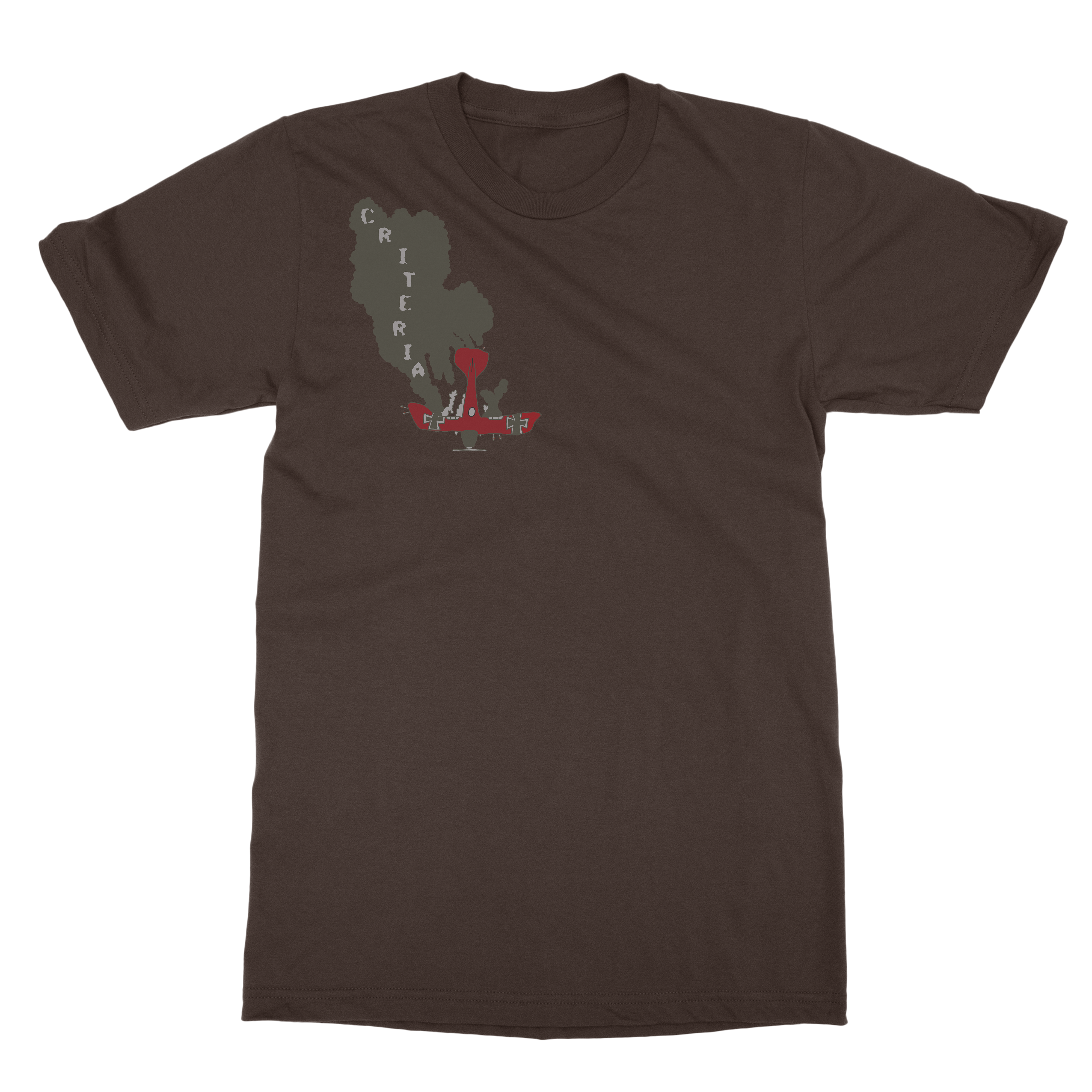 Criteria Plane Crash T-Shirt is a brown tee that has a grey cloud spelling out criteria coming out of a red crashing plane