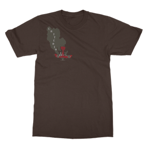 Criteria Plane Crash T-Shirt is a brown tee that has a grey cloud spelling out criteria coming out of a red crashing plane