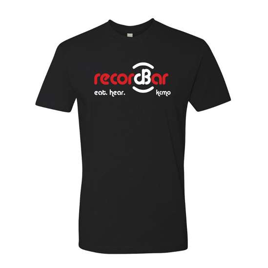 black t-shirt with red and white RecordBar logo design 
