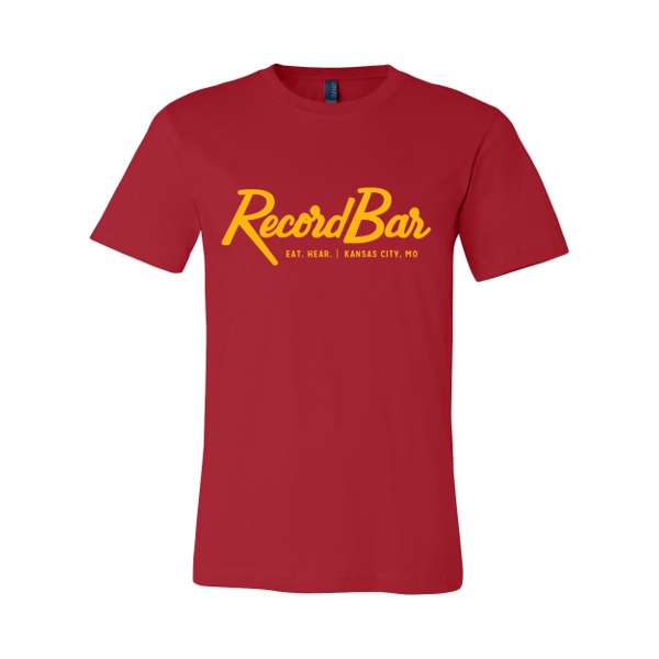 red t-shirt with yellow script RecordBar logo