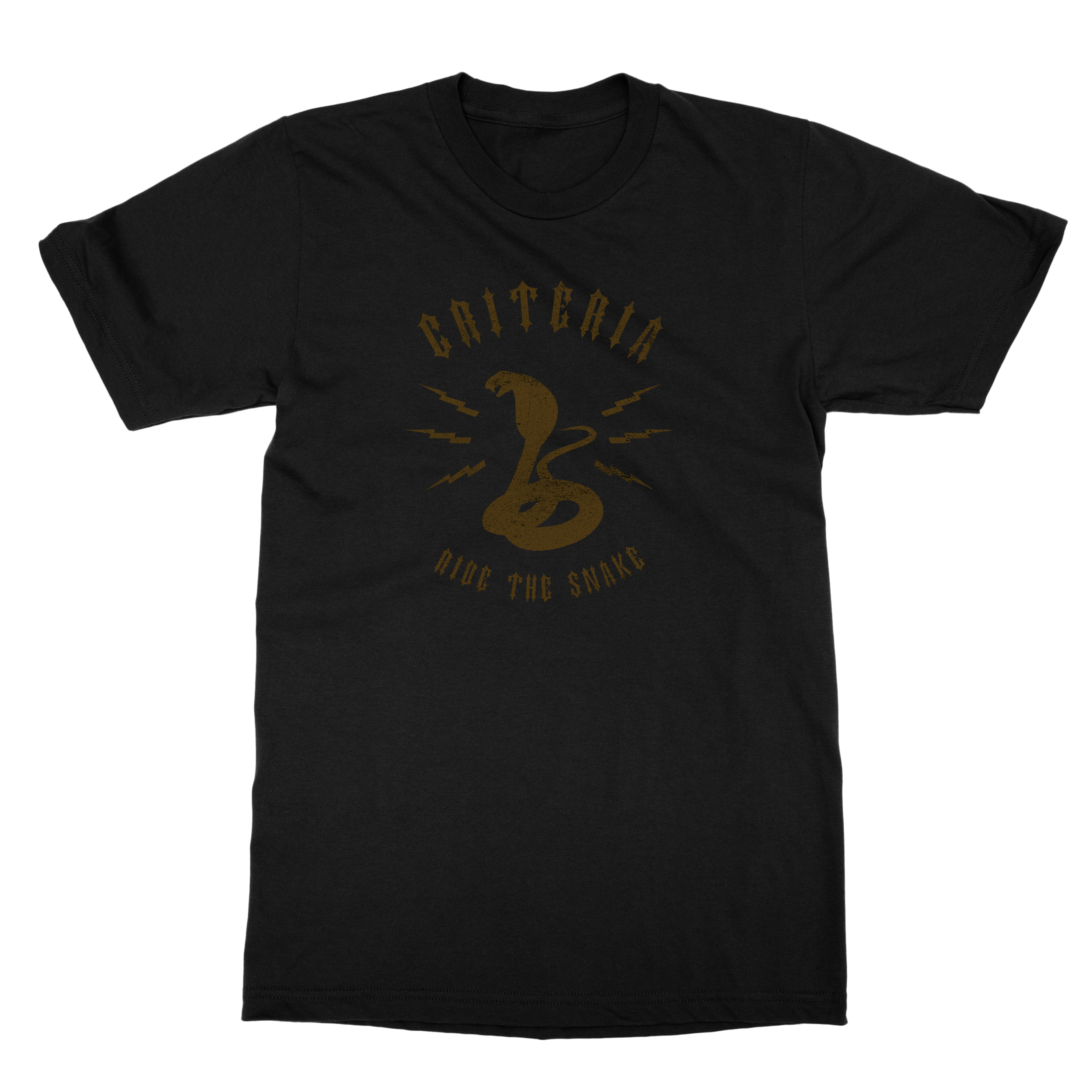 Criteria Ride the Snake T-Shirt is a black tee with a gold cobra snake in the middle. Above the snake it says criteria and below it says ride the snake