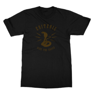 Criteria Ride the Snake T-Shirt is a black tee with a gold cobra snake in the middle. Above the snake it says criteria and below it says ride the snake