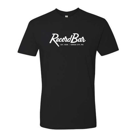 RecordBar script logo on black t-shirt