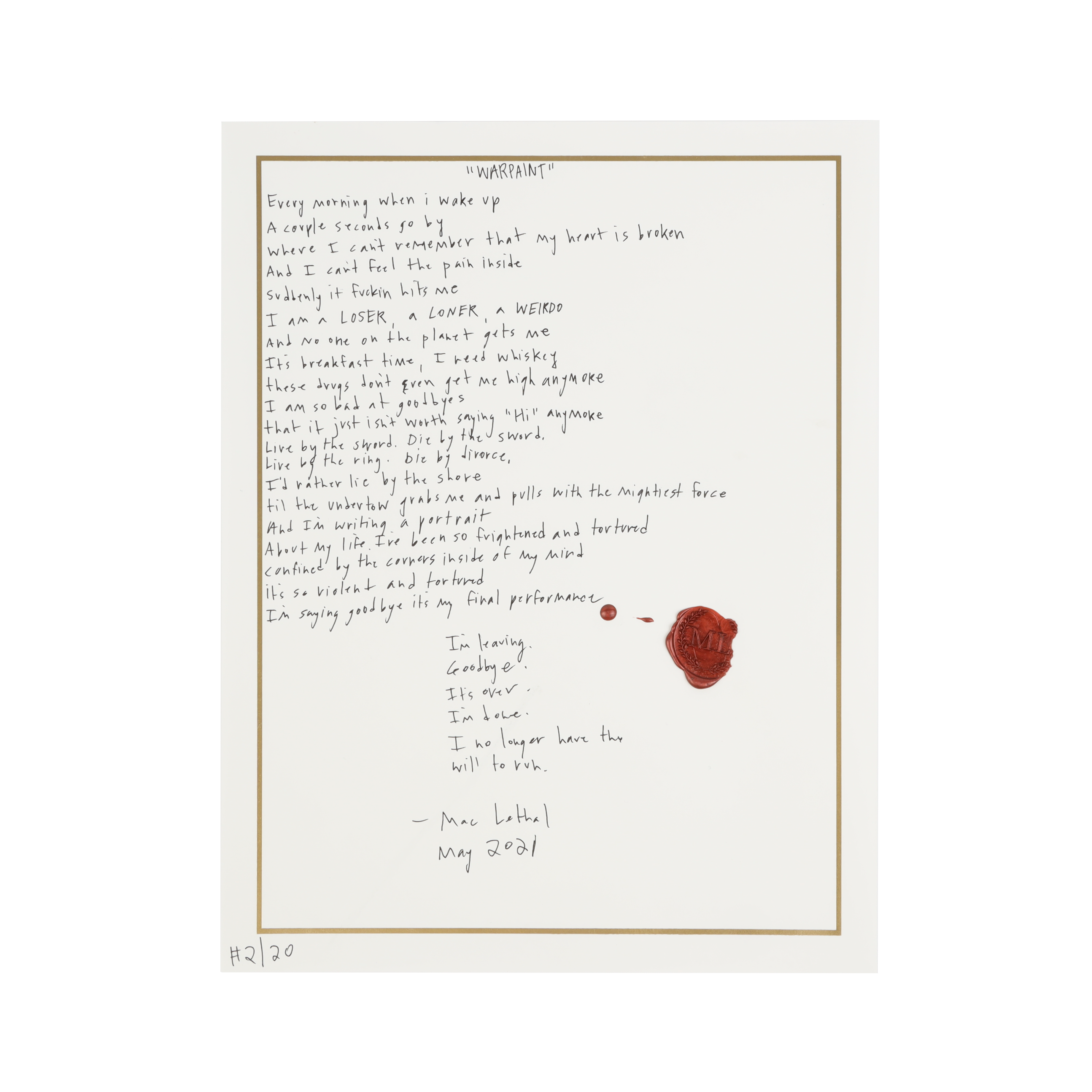 Mac Lethal | Warpaint Handwritten Lyric Sheet